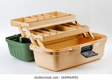Open Fishing Tackle Box On White Background.