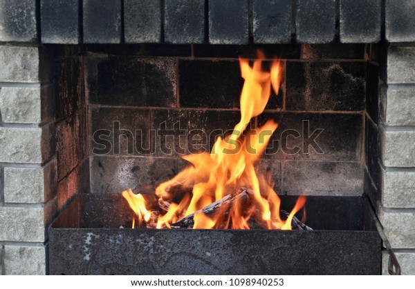 Open Flame Bricked Fireplace Stock Photo Edit Now 1098940253