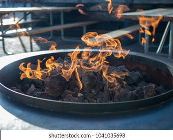 Open flame in a fire pit on a sunny day