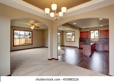 Open Floor Plan Living Room Interior With Carpet Floor And Fireplace Connected With Kitchen