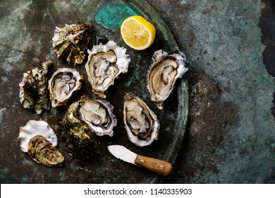 Open fresh Oysters with lemon and knife on dark background copy space