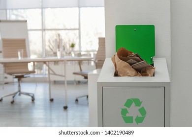 Open Full Trash Bin In Modern Office, Space For Text. Waste Recycling