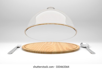 Open Glass Dome On Wooden Plate With Spoon And Fork For Your Food Display