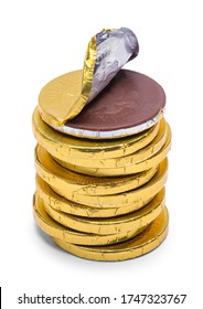 Open Gold Coin Chocolate Stack Isolated On White.