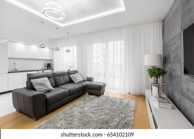 Open Gray And White Living Room With Leather Sofa, Tv And Modern Lamp