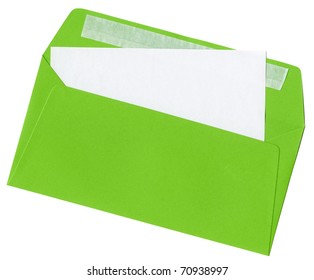 Open Green Envelope With Blank Paper Card For Your Text, Isolated On White Background