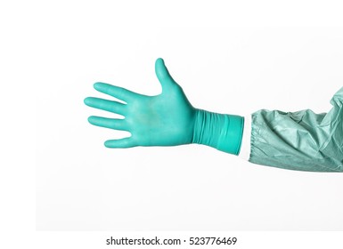 Open Hand In A Green Latex Surgical Glove On White Background