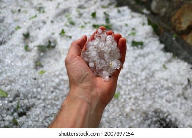 Open hand holding freezing Hailstones after Hailstorm 