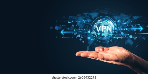 Open hand holding glowing VPN sign with global map and digital light effects on dark background, symbol of cybersecurity and privacy concept