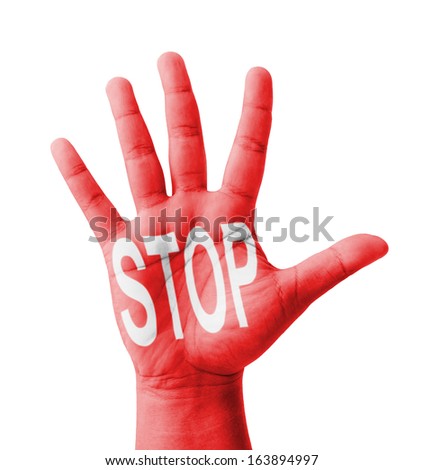 Open hand raised, STOP text painted, multi purpose concept - isolated on white background