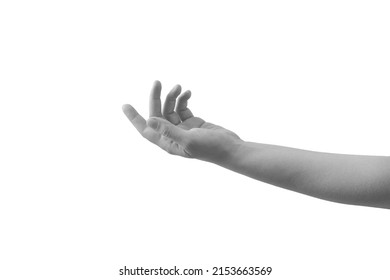 Open hand ready to receive someone or something on white background. Minimal black and white arm concept. Hand gesture.