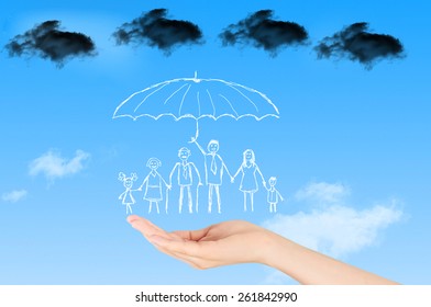 Open Hands Making A Protection Gesture  Isolated On A Sky Background.Family Life Insurance, Protecting Family, Family Concepts. 