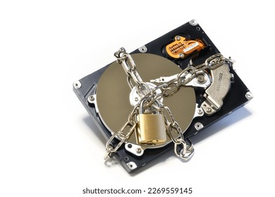 Open hard drive secured with an iron chain and padlock. Cyber ​​security concept. Data of hard drive secured by padlock - Powered by Shutterstock - Get 15% off with code: PIKWIZARD15