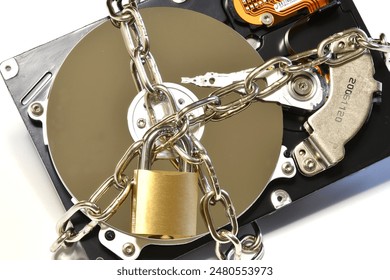 Open hard drive secured with an iron chain and padlock. Cyber ​​security concept. Data of hard drive secured by padlock - Powered by Shutterstock - Get 15% off with code: PIKWIZARD15