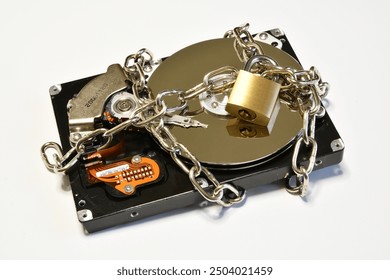 Open hard drive secured with an iron chain and padlock. Cyber ​​security concept. Data of hard drive secured by padlock - Powered by Shutterstock - Get 15% off with code: PIKWIZARD15