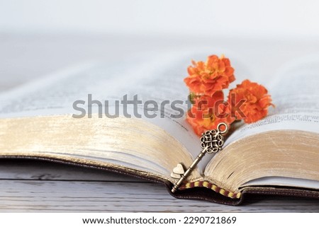 Open holy bible book with ancient key and flowers on wooden table with white background. A closeup. Unlocking biblical prophecy, answered prayer, spiritual growth, Christian concept.
