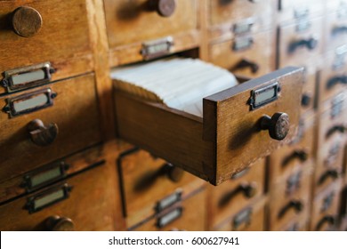 Open index drawer. Vintage file catalog box. Concept for database, archive, library