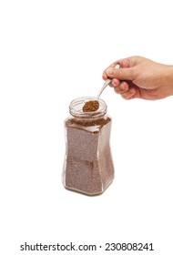 Open Jar With Instant Coffee And Hand With  Spoon 