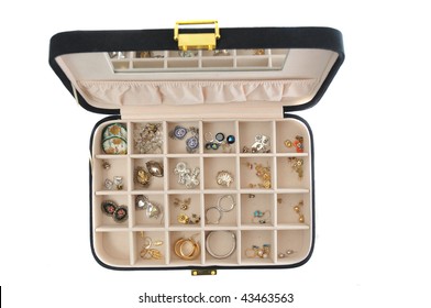 An Open Jewlery Box With Old Jewelry Inside Isolated On A White Background