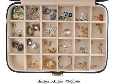 An Open Jewlery Box With Old Jewelry Inside Isolated On A White Background