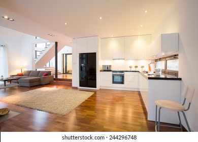 Open Kitchen And Drawing Room In Luxury Mansion