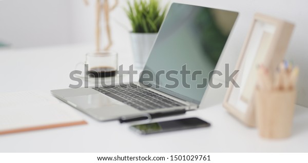 Open Laptop Computer Office Supplies Decorations Stock Photo Edit