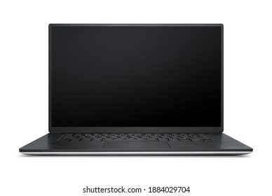 Open Laptop Or Notebook Screen, Front View. Blank Laptop Mockup. Screen Display Is Black And Straight, Easy To Add Content. Isolated On White. 