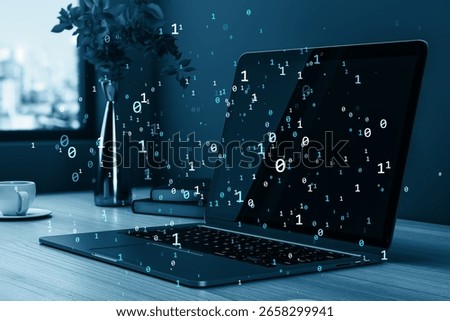 Open laptop on desk with binary code floating from screen, 3D Rendering, dark background. Concept of data, cyberspace, and digital network
