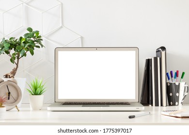 Open Laptop With Screen Mockup. Business Desk.