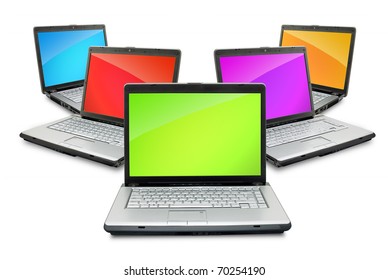 Open laptops showing keyboard and screen  isolated on white background
