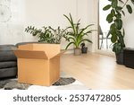 An open large cardboard box stands on the floor in the room. Concept of delivery, online shopping, sending gifts