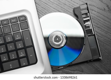 Open Laser Disk Drive Laptop.. Focus On A Laser Disk.