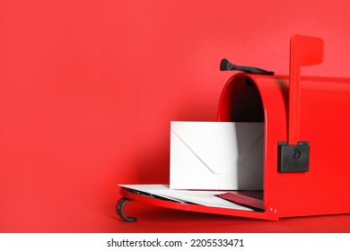 Open Letter Box With Envelopes On Red Background. Space For Text