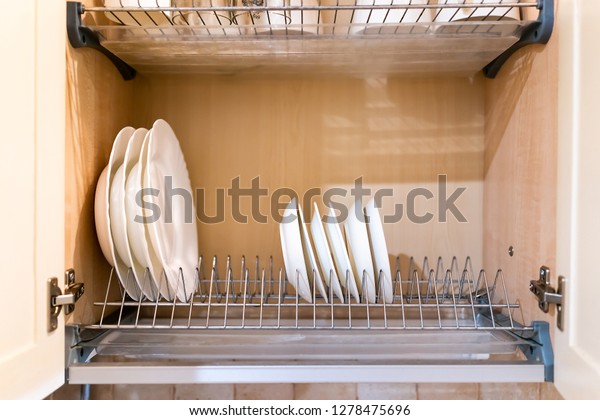 Download Open Light Yellow Wooden Kitchen Cabinet Objects Stock Image 1278475696 Yellowimages Mockups