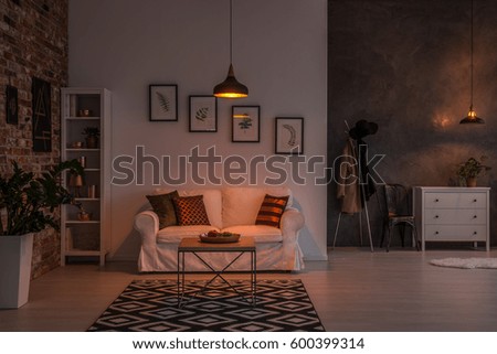 Open living room with couch, carpet, lamp and bookshelf Foto stock © 