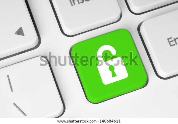 Open lock green button on the keyboard, access concept