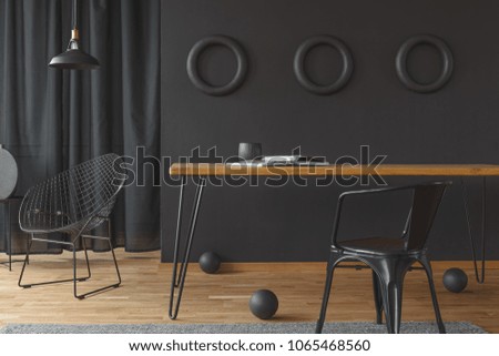 Image, Stock Photo A warm moody room, wooden guesthouse, messy sheets, two beds