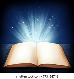 Open magic book on a blue background - Shutterstock ID 773454748