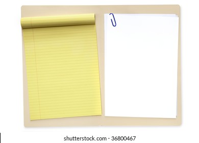 Open Manila File Folder, With Yellow Lined Notepad And Blank White Paper.