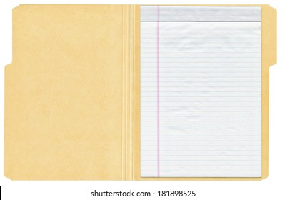 Open Manila Folder With A White Lined Writing Pad Inside Shown Isolated On A White Background.