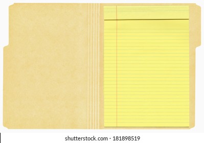 Open Manila Folder With A Yellow Legal Pad Inside Shown Isolated On A White Background.