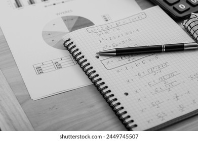 An open math notebook with abbreviated multiplication formulas in black and white
