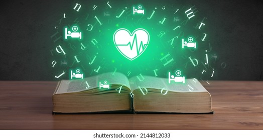 Open Medical Book With Health Icons Above