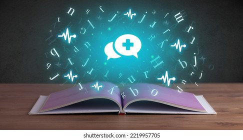 Open Medical Book With Health Icons Above