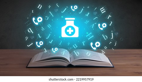 Open Medical Book With Health Icons Above