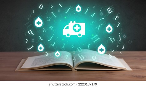 Open Medical Book With Health Icons Above