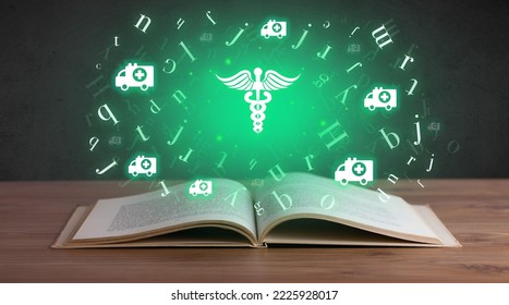 Open Medical Book With Health Icons Above