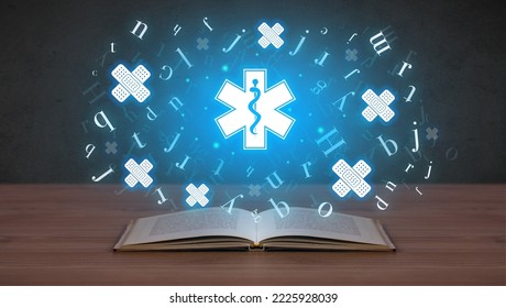 Open Medical Book With Health Icons Above