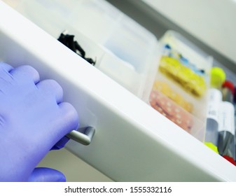 Open Medicine Cabinet In A Medical Clinic.