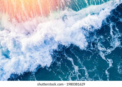 Open Mediterranean Sea From Aerial Top View. Turquoise Water Frothy Indonesia Ocean Surface With Big Wave.